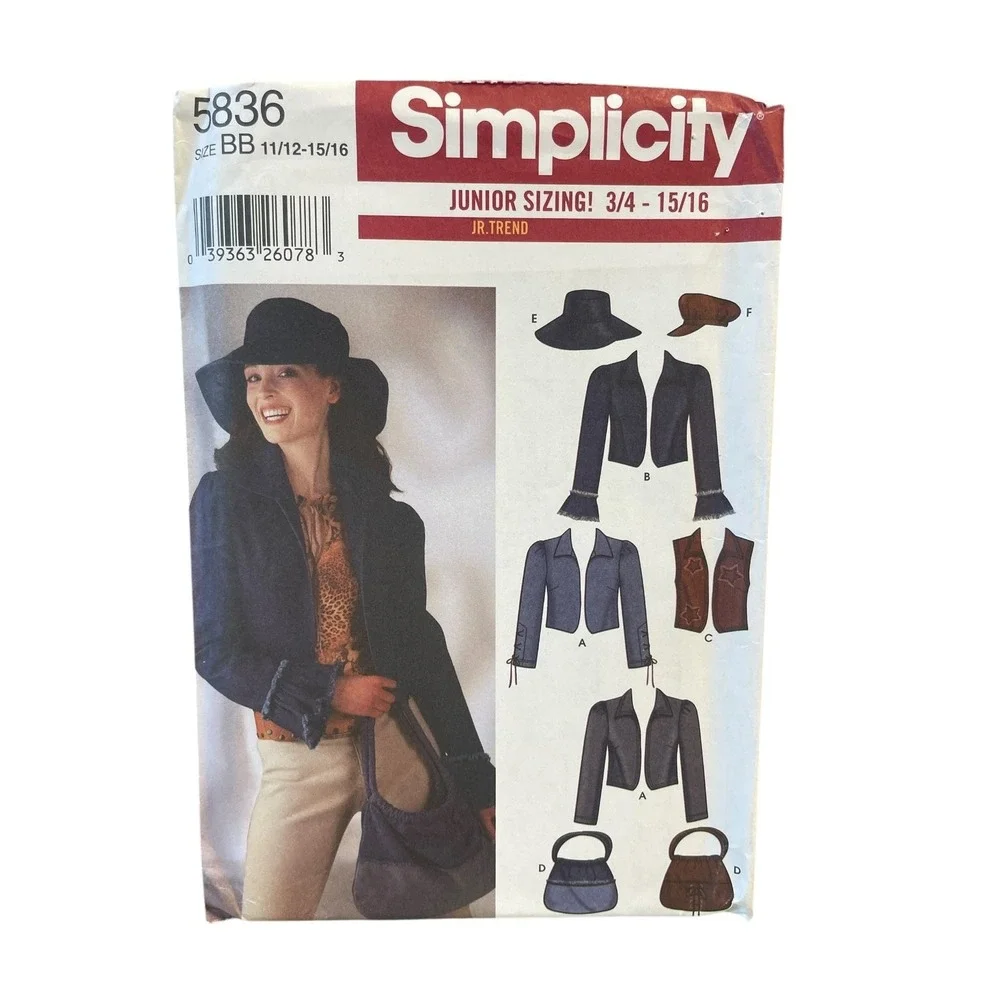 Simplicity 5836 Junior Jacket Vest Bag Hats Sewing Pattern Size 11/12-15-16